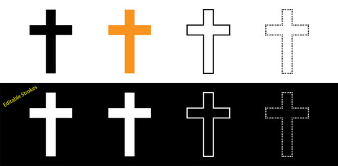 Christian religious cross icons sign symbols isolated on editable strokes.