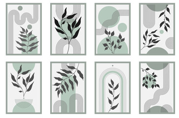 Zen arch poster set with botanical element, simple line arch shapes, and leavs. Geometric Japanese zen pattern minimal elements. Boho style strips,