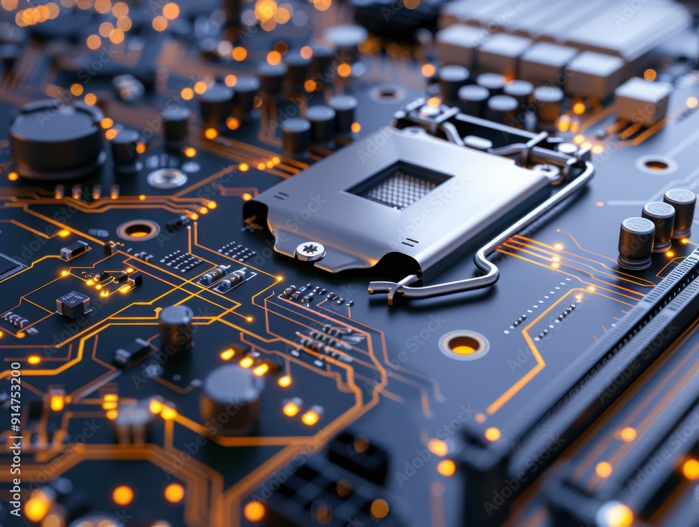 Poster close-up of a circuit board with illuminating components, highlighting intricate connections and mod