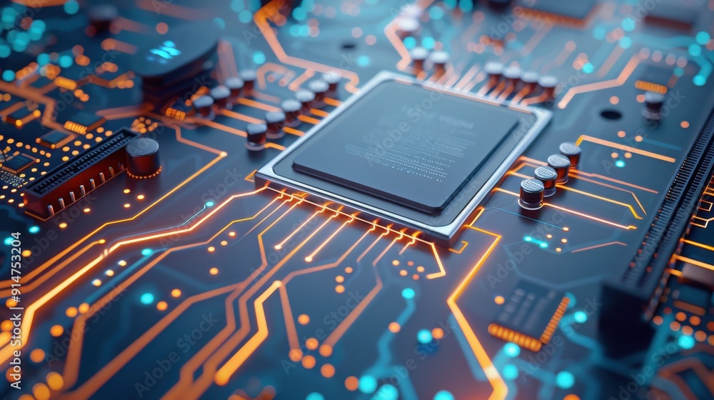 Poster close-up of a microprocessor on a circuit board, showcasing intricate patterns and glowing connectio