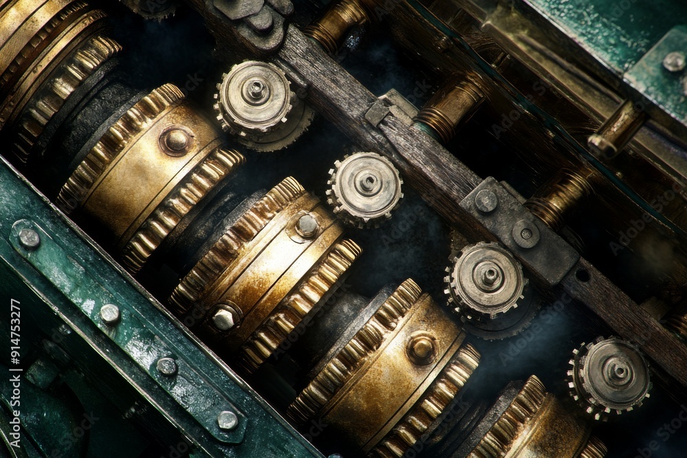 Poster close up of mechanical gears in a gritty industrial setting emphasizing strength and raw engineering
