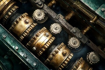 Close up of mechanical gears in a gritty industrial setting emphasizing strength and raw engineering power