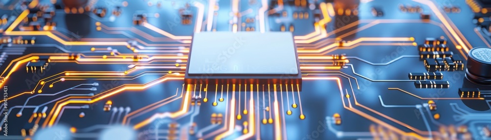 Poster close-up view of a microchip on a circuit board showcasing intricate technology and electrical conne