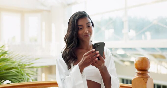Selfie, Indian woman and cellphone for social media, bikini or online and update for blog. Travel, typing or happy for spa experience and brand deal, influencer person or technology for partnership