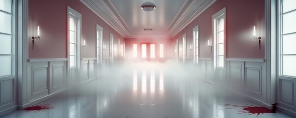 Obraz premium Eerie Asylum Scene with Fake Blood Handprints and Spectral Fog - Flat Design Illustration Concept