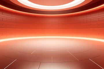 Abstract orange curved room with bright lights.