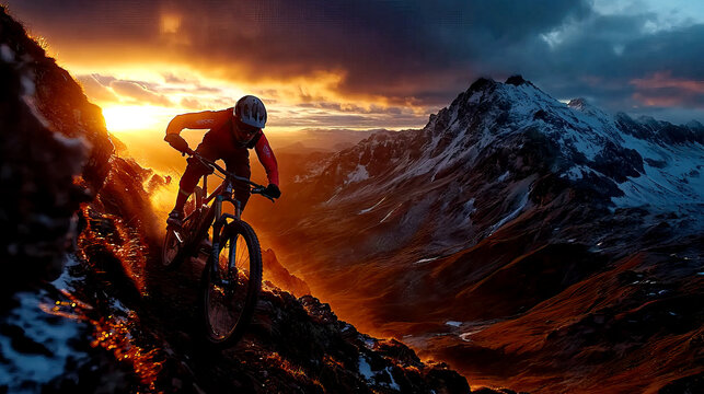 Extreme adventure mountain biking near sunset, trail action sport cyclist in the outdoors, rugged exploration endurance downhill at sunrise