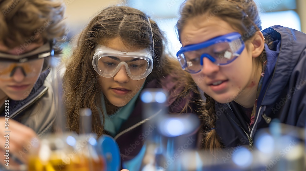 Poster students in a science lab focus on an experiment