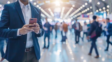 Businessman Using Smartphone in a Busy Convention Center