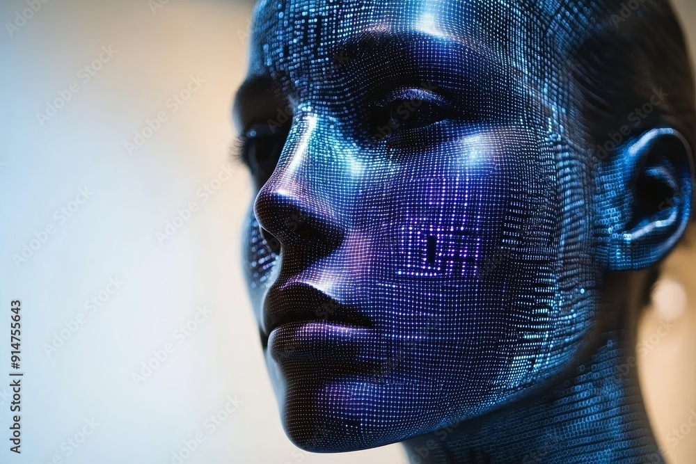 Poster futuristic digital human face with blue circuitry patterns symbolizing the integration of technology