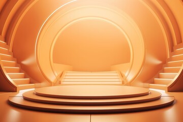 Obraz premium Abstract orange platform with steps and bright light for product presentation.