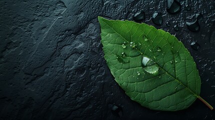 Green Leaf with Water Droplets on Dark Surface