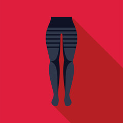 Flat design icon of woman legs wearing compression stocking pantyhose with long shadow effect on red background