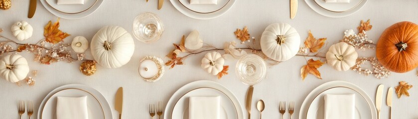 Elegant Thanksgiving tablescape with white pumpkins and gold accents, [Thanksgiving decor], [modern autumn]