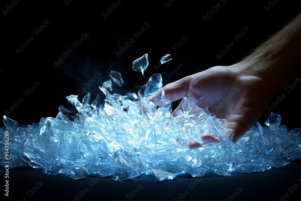 Poster hand interacting with luminous crystals symbolizing the intersection of technology natural resources