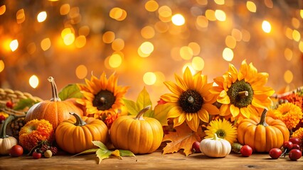Autumn Thanksgiving Background with Pumpkins, Sunflowers and Bokeh Lights.