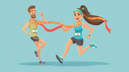 A man and woman joyfully celebrate crossing the finish line of a race, holding a shared ribbon