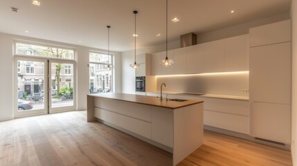 Modern Kitchen with Island, White Cabinets, and Wooden Floor