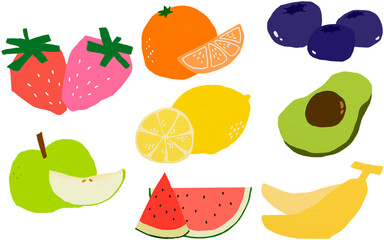 Fruits Drawing Illustration Set, Strawberry, Blueberry, Orange, Lemon, Watermelon, Apple, Banana, Hand Drawn PNG