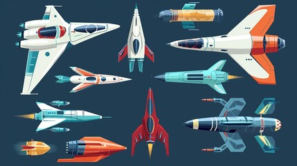 spaceships aircraft design set in flat style 