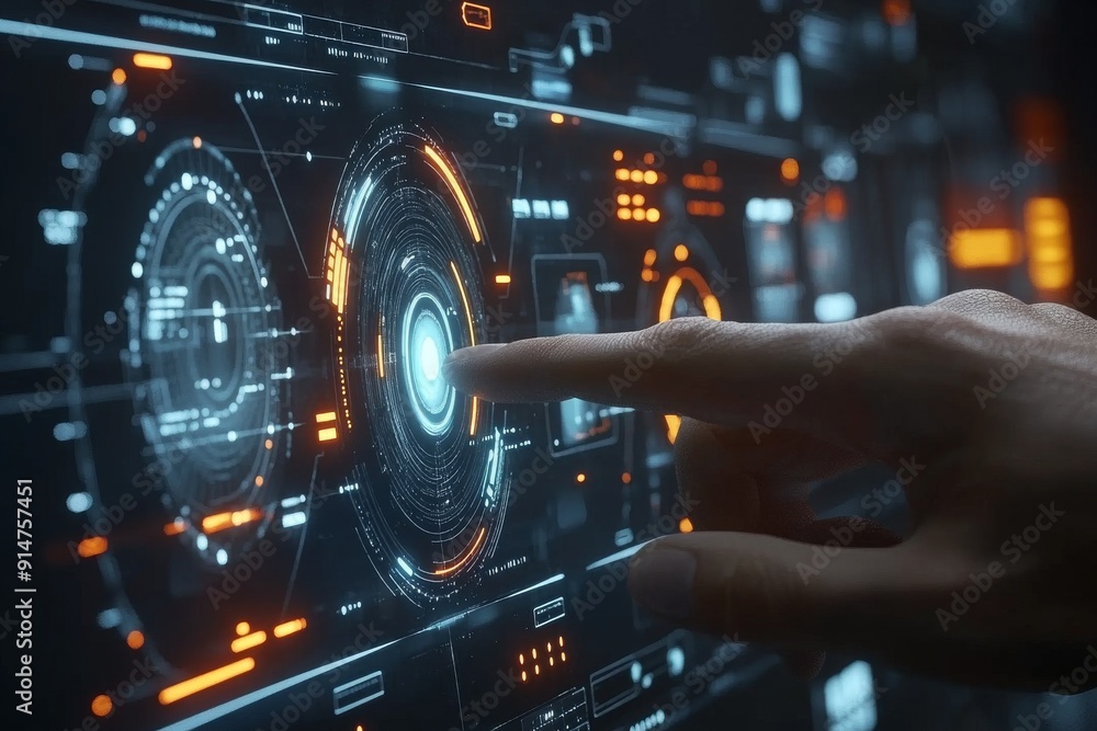 Aufkleber human hand interacting with advanced technological interface blending reality with virtual enhanceme