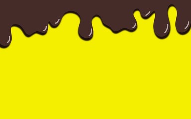 Melted chocolate dripping on yellow background, realistic illustration