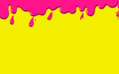 Melted pink sauce dripping on yellow background, realistic illustration.