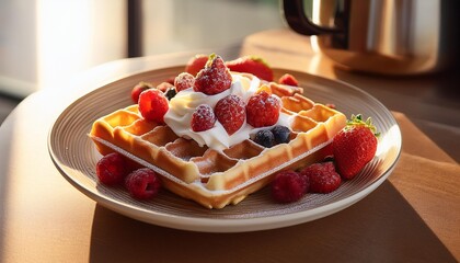 Crispy, golden brown Belgian waffles topped with glossy raspberries, strawberries, shiny red and yellow currants, and airy whipped cream, elegantly set in a modern kitchen with vibrant sunset light.