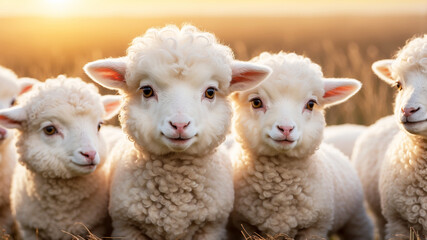 Fototapeta premium group of fluffy little lambs, their big, curious eyes looking directly at the camera