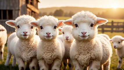 group of fluffy little lambs, their big, curious eyes looking directly at the camera