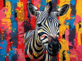 Vibrant and Dynamic Pop Art Zebra with Bold Stripes and Colorful Abstract Surroundings