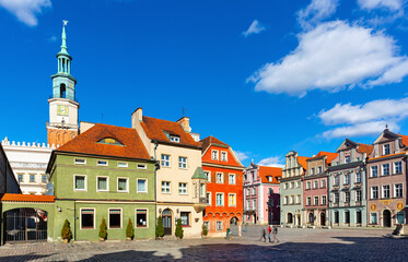 Fototapeta premium View of old market square in Poznan with buildings, town in Poland