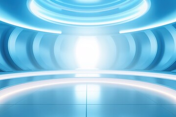Futuristic blue and white interior design with circular elements and glowing lights.