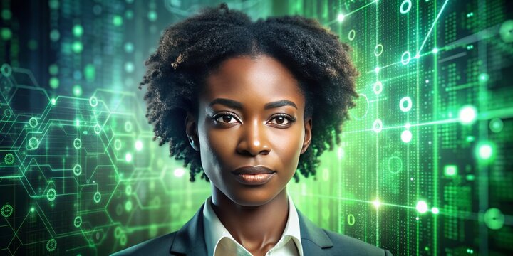 A woman with a green background and a computer screen behind her