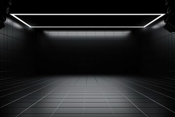 Dark tiled room with bright white light.