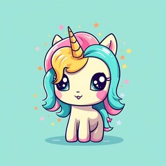 Cute Cartoon Unicorn With Big Eyes and Rainbow Mane on Blue Background