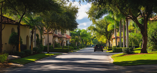 Obraz premium Quiet Residential Street Lined With Trees and Houses on a Sunny Day