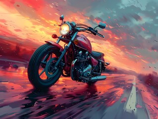 Vibrant and Energetic Pop Art Motorcycle Riding on the Open Road at Sunset