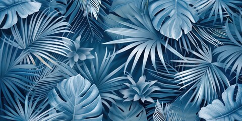 Abstract Tropical Leaf Pattern in Blue Tones