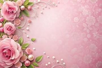 Pink Floral Background with Pearls and Swirls.
