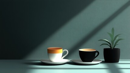 Obraz premium Minimalist Coffee Cups with Plant in Soft Lighting