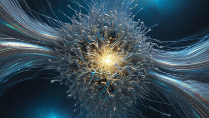 Obraz premium A visually stunning digital piece depicting an explosion of light and metallic shards, capturing a moment of intense energy and movement, perfect for backgrounds or sci-fi themed projects