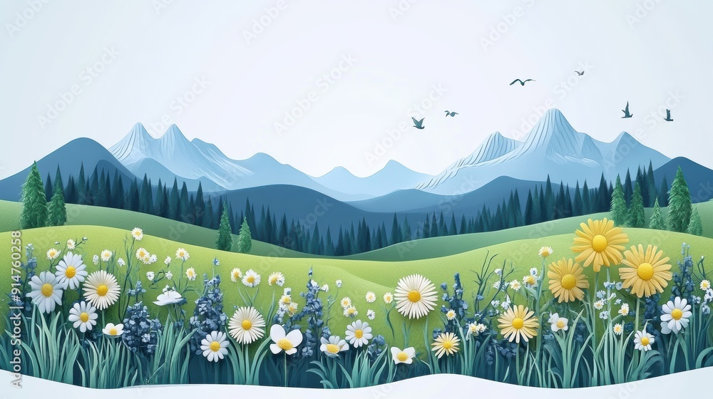 Wall mural Scenic Landscape with Mountains and Wildflowers