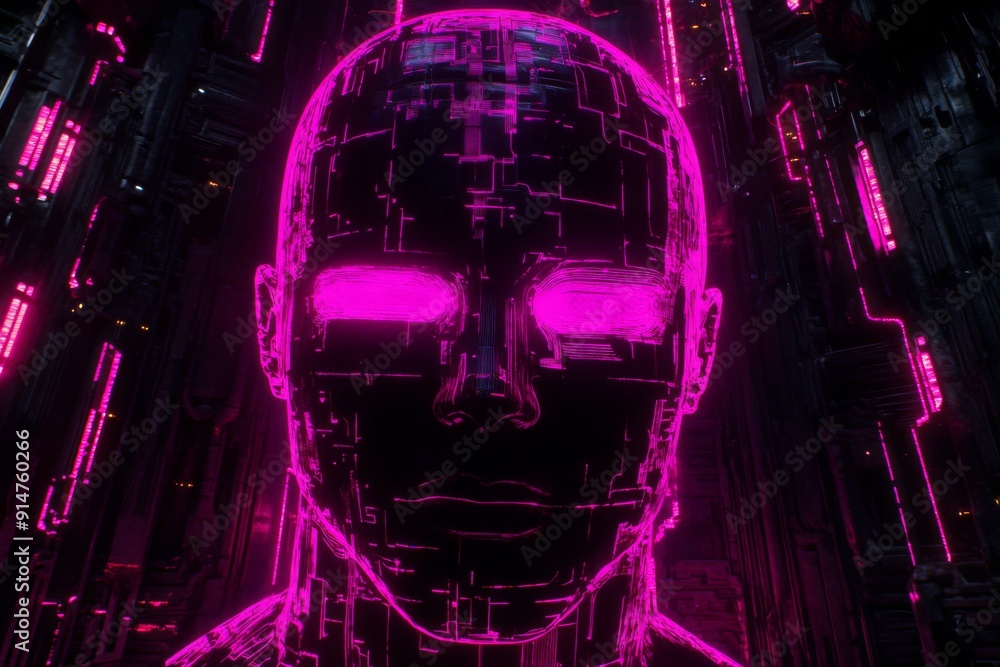 Poster magenta hued cybernetic face in a dark setting exploring themes of digital identity and virtual real