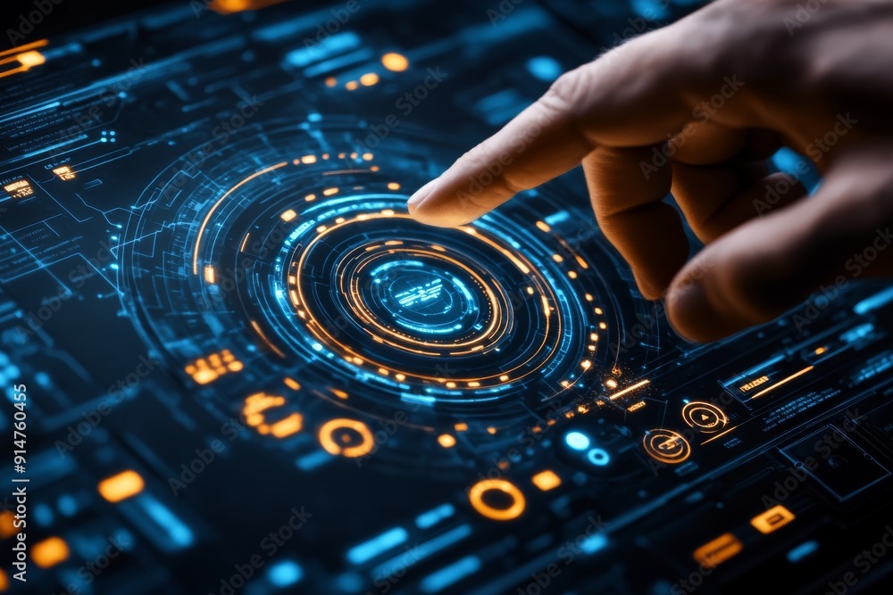 Poster futuristic tech interface being manipulated by human hands showcasing the interaction between man an