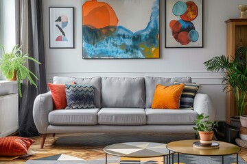 Living room with soft grey sofa, colorful abstract art on the wall, geometric shapes on the coffee table, and decor in pastel colors and natural materials, creating an elegant yet cozy atmosphere.