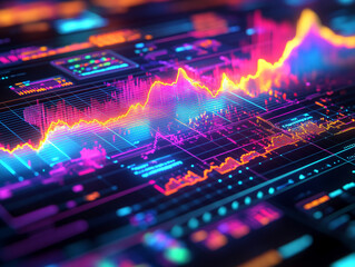 Fototapeta premium Financial chart with an inverted yield curve on a holographic screen, vibrant neon colors, detailed 3D illustration.