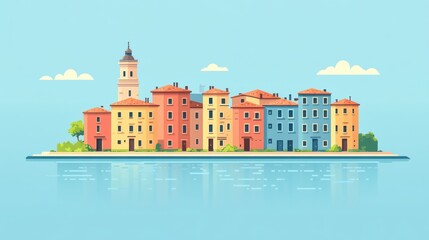 Obraz premium Colorful Buildings by Tranquil Water in a Bright Sky