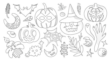 Set of isolated Halloween decoration elements in cute doodle hand-drawn graphic illustration style on transparent background, Volume 6: Black outline