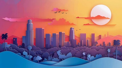 Panoramic view of Los Angeles city skyline with world famous landmarks in paper cut style vector illustration